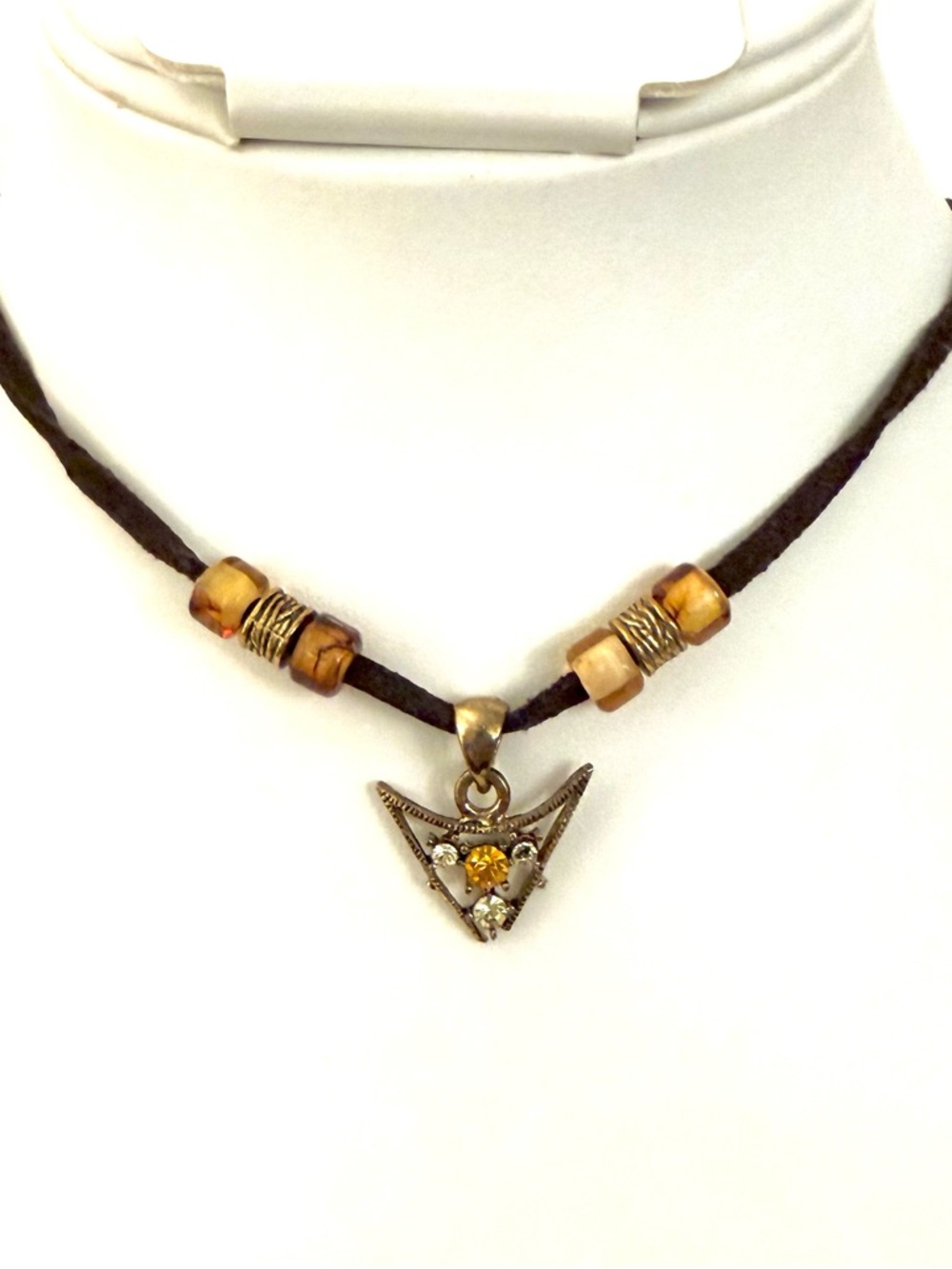 Amber Rhinestone Pendant Boho Necklace Wood Beads Black Leather Cord